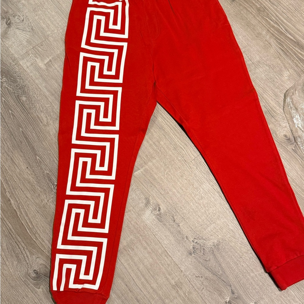 Versace Red Sweatpants with White Greek Key Pattern